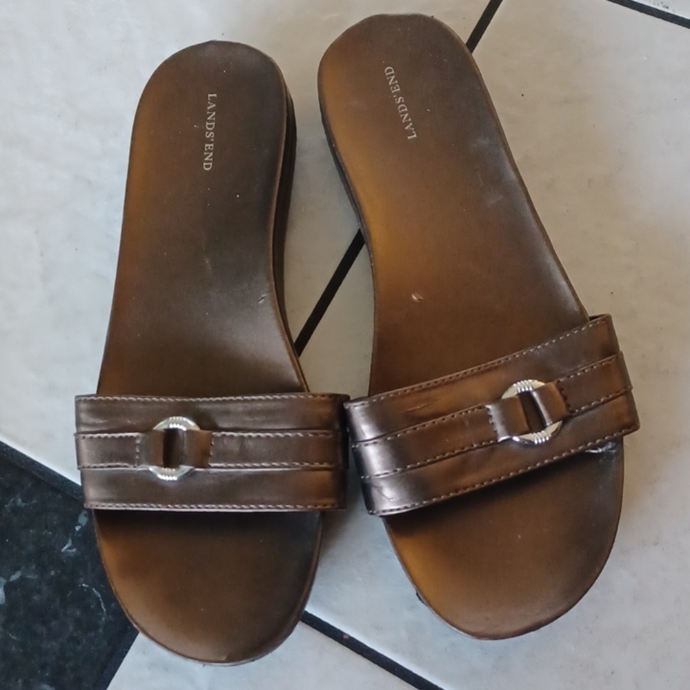 Lands End Sandals Slides Bronze Womens Sz 9B